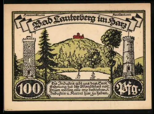 Notgeld Bad Lauterberg im Harz 1921, 100 Pfennig, Harzlandschaft und Türme, Wappen