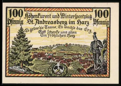 Notgeld St. Andreasberg im Harz 1921, 100 Pfennig, Bergmann und Ortsansicht mit Zahnrad-Bahnhof und Wappen