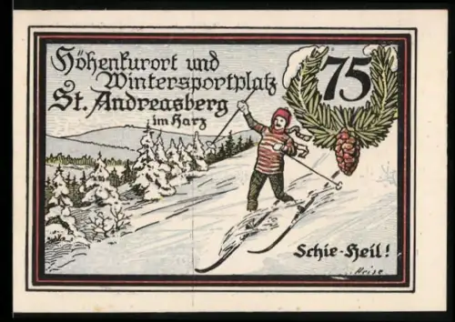 Notgeld St. Andreasberg im Harz 1921, 75 Pfennig, Skifahrer und Zahnrad-Bahnhof mit Wappen