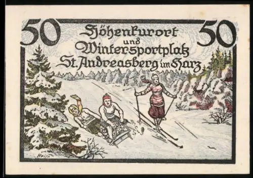 Notgeld St. Andreasberg im Harz 1921, 50 Pfennig, Skifahrer und Zahnradbahnhof, Wappen