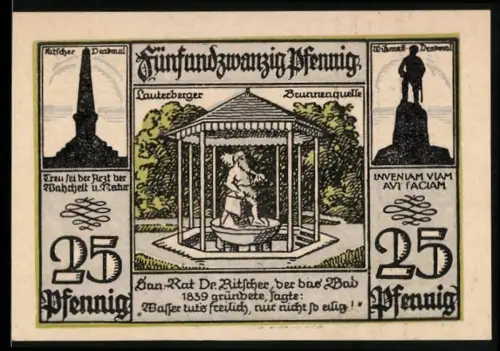 Notgeld Bad Lauterberg im Harz 1921, 25 Pfennig, Brunnenquelle und Denkmäler