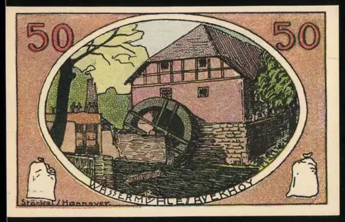 Notgeld Neustadt a. R. 1921, 50 Pfennig, Wassermühle und Fachwerkhaus