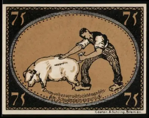 Notgeld Diepholz 1921, 75 Pfennig, Mann mit Schwein und Turm mit Ortsnamenliste