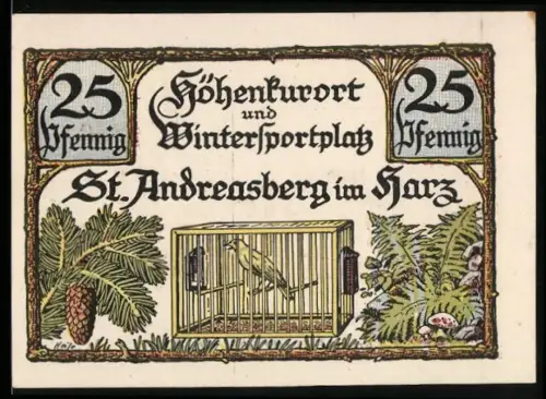Notgeld St. Andreasberg im Harz 1921, 25 Pfennig, Vogelkäfig, Zahnradbahnhof, Wappen