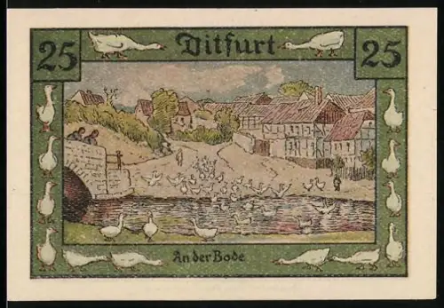 Notgeld Ditfurt 1921, 25 Pfennig, Gänse am Flussufer mit Ortsansicht