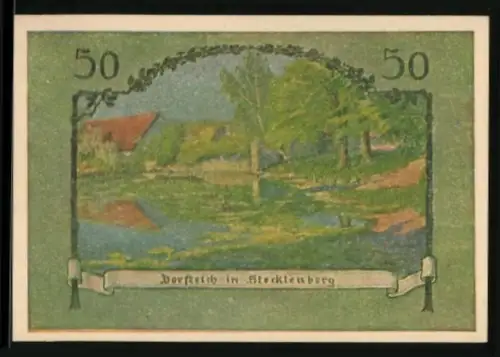 Notgeld Stecklenberg i. Ostharz 1921, 50 Pfennig, Landschaft mit Teich und Ritter mit Wappen