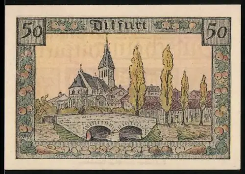 Notgeld Ditfurt 1921, 50 Pfennig, Ortsansicht mit Brücke und Kirche