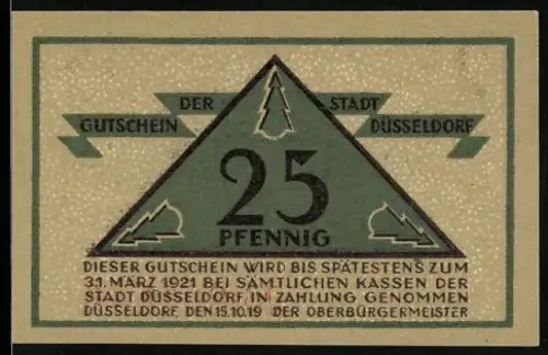 Notgeld Düsseldorf 1921, 25 Pfennig, Tannenbaum und Wappen mit Löwe