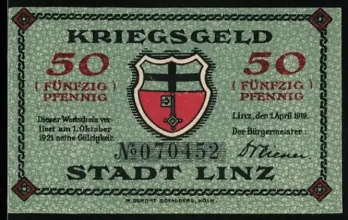 Notgeld Linz 1919, 50 Pfennig, Wappen und historisches Gebäude