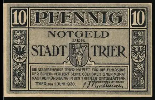 Notgeld Trier 1920, 10 Pfennig, Stadtwappen und dekorativer Rahmen mit Gedicht