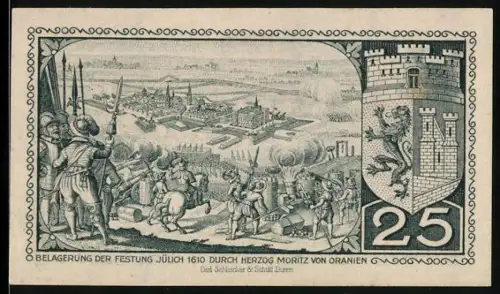 Notgeld Jülich 1919, 25 Pfennig, Belagerung der Festung 1610 durch Moritz von Oranien, Wappen