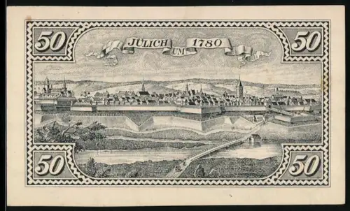 Notgeld Jülich 1919, 50 Pfennig, Jan von Werth Porträt und Ortsansicht von 1780