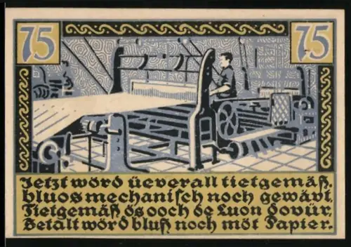 Notgeld St. Tönis 1920, 75 Pfennig, Fabrikarbeiter an einer Maschine
