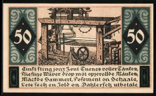Notgeld St. Tönis 1920, 50 Pfennig, Webstuhlmotiv und Text im Dialekt