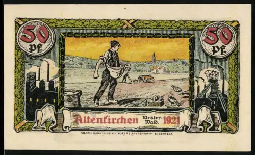 Notgeld Altenkirchen /Westerwald 1921, 50 Pfennig, Bauer mit Landschaft und Ortsansicht, Wappen mit Löwe