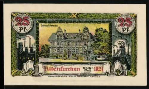 Notgeld Altenkirchen /Westerwald 1921, 25 Pfennig, Schloss Friedewald, Wappen mit Löwe