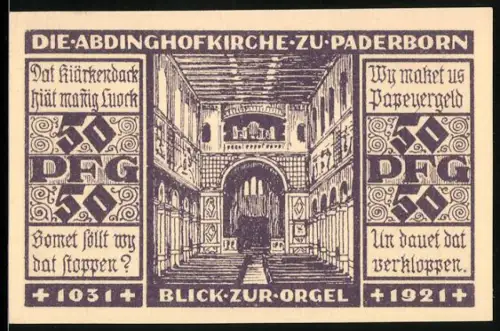 Notgeld Paderborn 1921, 50 Pfennig, Abdinghofkirche-Kirche und Inschriften