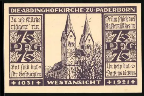 Notgeld Paderborn 1921, 75 Pfennig, Abdinghofkirche Westansicht