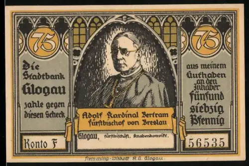 Notgeld Glogau 1922, 75 Pfennig, Kardinal Bertram und Dom zu Breslau
