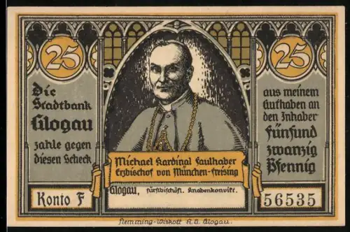 Notgeld Glogau 1922, 25 Pfennig, Kardinal Faulhaber und Frauenkirche München