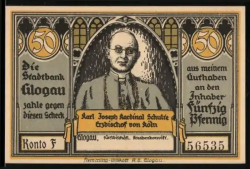 Notgeld Glogau 1922, 50 Pfennig, Kardinal Schulte und Kölner Dom