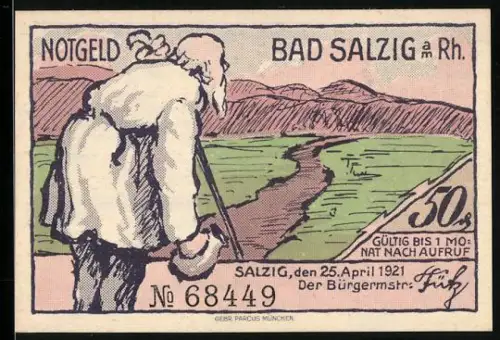 Notgeld Bad Salzig a. Rh. 1921, 50 Pfennig, Wanderer mit Landschaft und Flussansicht mit Gebäuden und Ruine