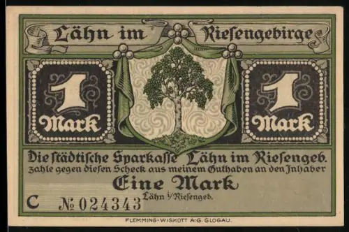Notgeld Lähn i. Riesengeb. 1 Mark, Baum und Szene mit Friedrich dem Grossen von 1766