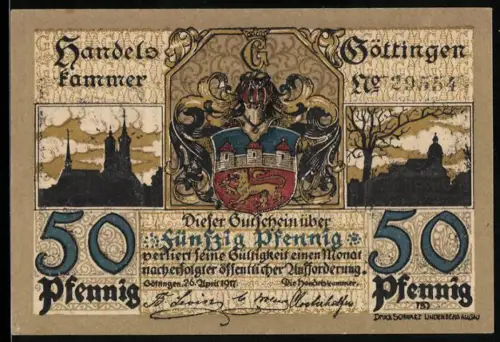 Notgeld Göttingen 1917, 50 Pfennig, Wappen und Student mit Schläger und Fahne