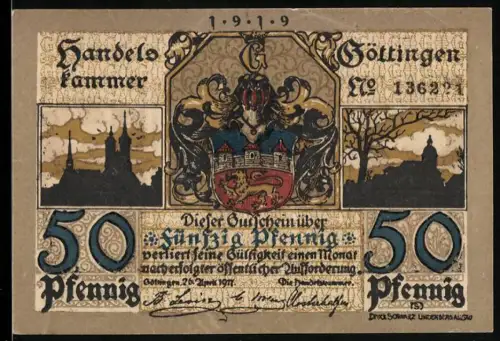 Notgeld Göttingen 1919, 50 Pfennig, Stadtansichten und Wappen, Student mit Schläger und Fahne