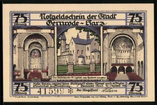 Notgeld Gernrode /Harz 1922, 75 Pfennig, Stiftskirche St. Cyriakus mit Innenansichten und Kapelle des heiligen Grabes