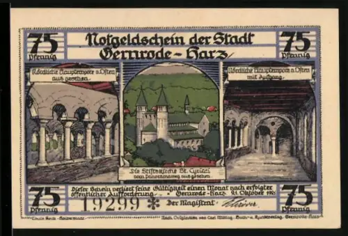 Notgeld Gernrode /Harz 1921, 75 Pfennig, Stiftskirche St. Cyriakus und mittelalterliche Szenen