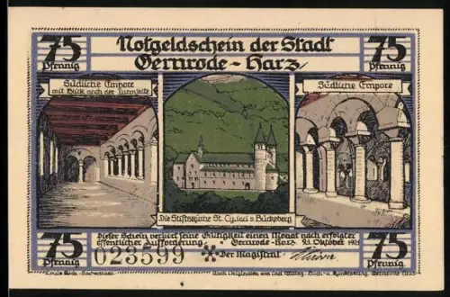 Notgeld Gernrode /Harz 1921, 75 Pfennig, Stiftskirche St. Cyriakus von Bückeburg, Hauptschiff und Orgelapsis