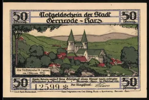 Notgeld Gernrode /Harz 1921, 50 Pfennig, Stiftskirche und Kreuzgangmotive