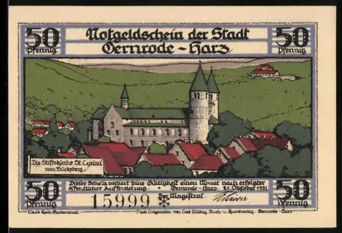 Notgeld Gernrode /Harz 1921, 50 Pfennig, Stiftskirche St. Cyriakus, Grabstein der 1. Abtissin Hathuwi