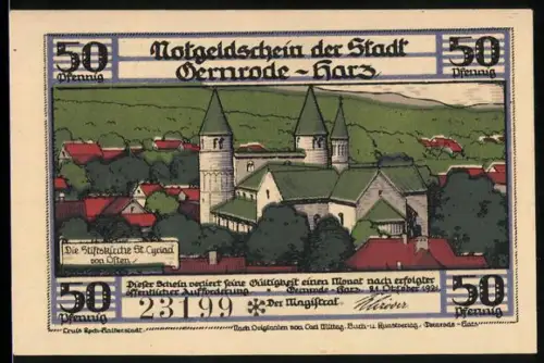 Notgeld Gernrode /Harz 1921, 50 Pfennig, Stiftskirche St. Cyriaci und Kreuzgangansichten