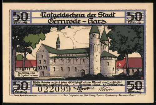 Notgeld Gernrode /Harz 1921, 50 Pfennig, Stiftskirche St. Cyriakus und Krypta-Details