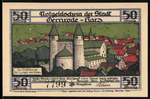 Notgeld Gernrode /Harz 1921, 50 Pfennig, Stiftskirche St. Cyriakus und Kapelle des heiligen Grabes