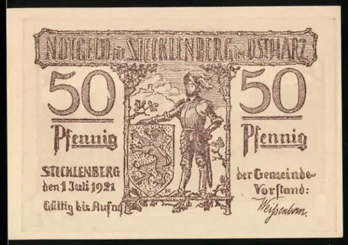 Notgeld Stecklenberg i. Harz 1921, 50 Pfennig, Ritter mit Wappen und Ruine Stecklenberg