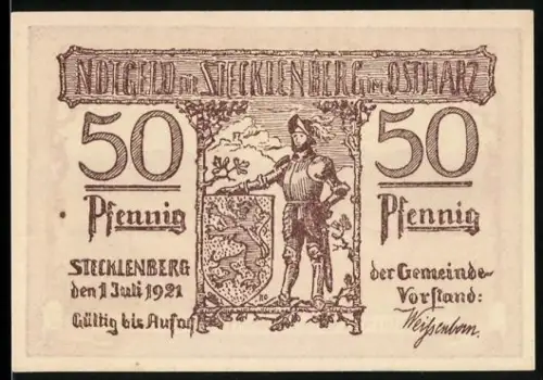 Notgeld Stecklenberg i. Ostharz 1921, 50 Pfennig, Ritter mit Wappen und Landschaftspanorama