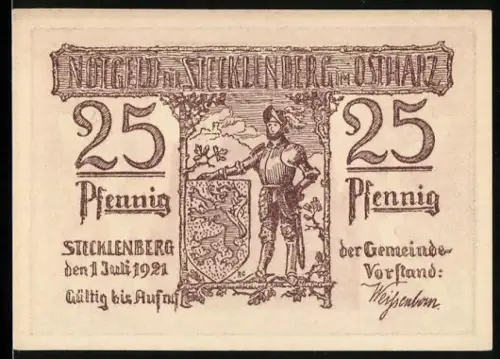Notgeld Stecklenberg im Ostharz 1921, 25 Pfennig, Ritter mit Wappen und Ansicht der Lauenburg