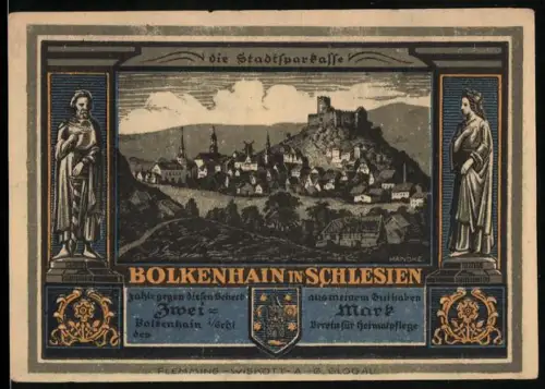 Notgeld Bolkenhain i. Schlesien, 2 Mark, Ortsansicht mit Burg und historische Strasse mit Laubengang