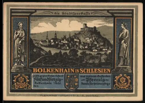 Notgeld Bolkenhain /Schl., 75 Pfennig, Ortsansicht, Burg Nimmersatt, Wasserburg Kauder