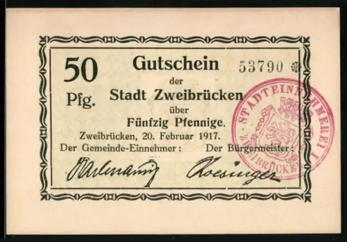 Notgeld Zweibrücken 1917, 50 Pfennig, Gutschein mit Stempel und Unterschriften