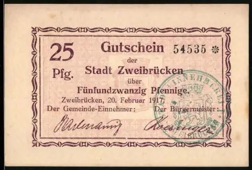 Notgeld Zweibrücken 1917, 25 Pfennig, Gutschein mit Wappen und Unterschriften