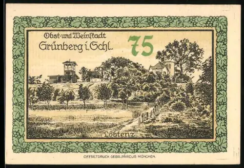 Notgeld Grünberg i. Schl. 1921, 75 Pfennig, Ortsansicht und Wappen mit Figurenornamenten