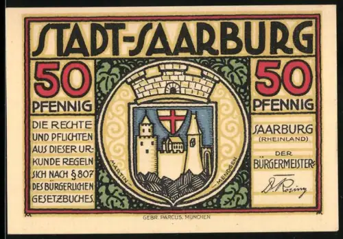 Notgeld Saarburg /Rheinland, 50 Pfennig, Stadtwappen und Glockenturm mit Engel