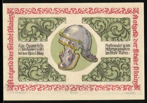 Notgeld Mainz 1921, 25 Pfennig, Römischer Legionärshelm und Wappenmotive
