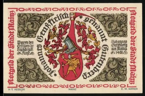 Notgeld Mainz 1921, 10 Pfennig, Gutenberg-Wappen mit Wappen von Mainz