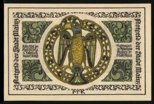 Notgeld Mainz 1921, 50 Pfennig, Adlerfibel der Kaiserin Gisela und Wappen mit Rädern und Kreuz