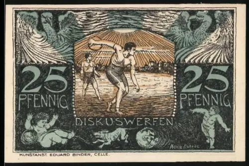 Notgeld Celle 1921, 25 Pfennig, Diskuswerfen und Allegorien des Sports